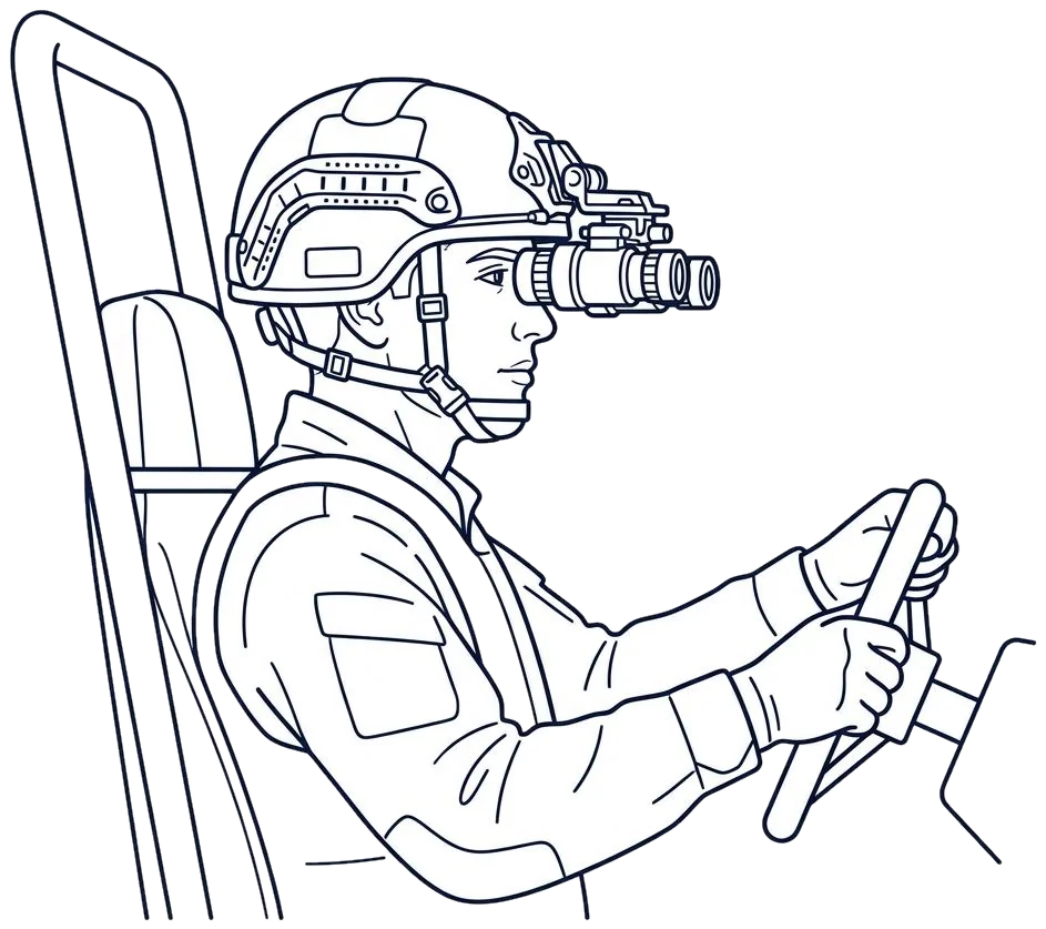 Driver wearing helmet-mounted night vision goggles