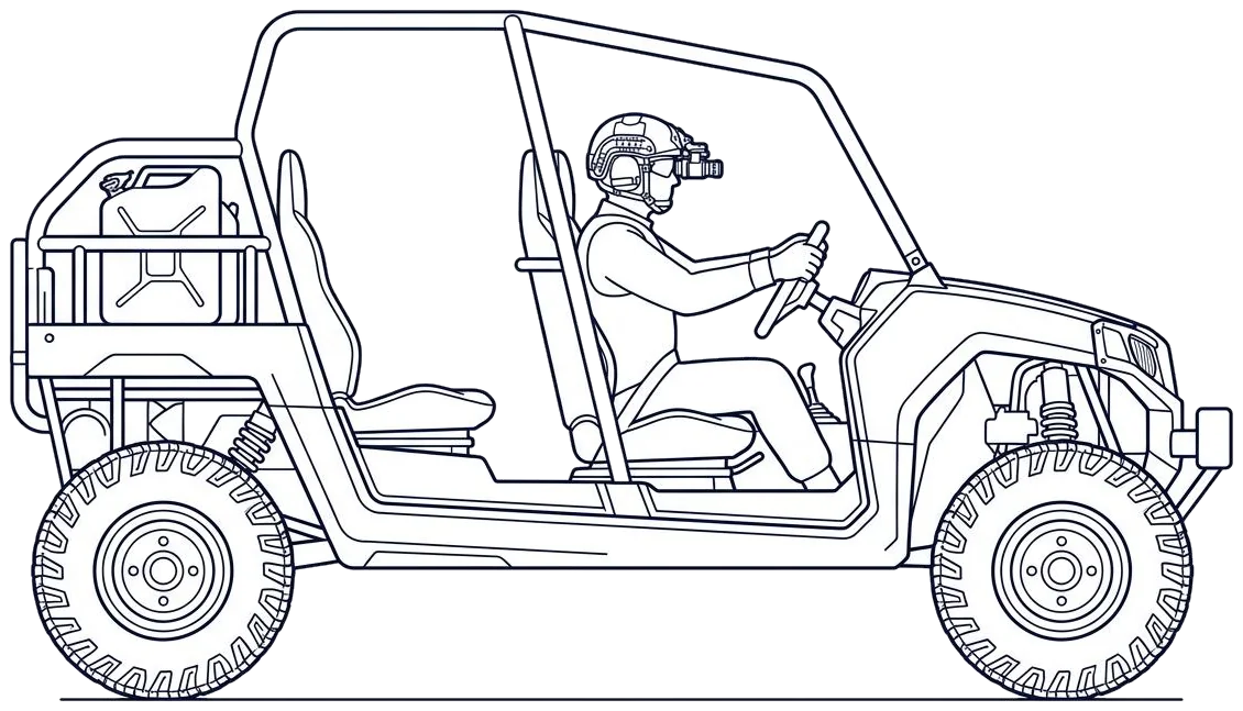 Light tactical vehicle fitted with the DVE-01 driver vision enhancement system, side view